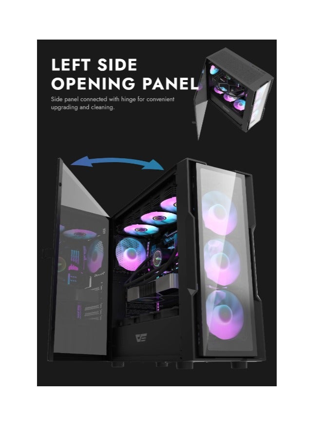 DarkFlash DK431 Glass EATX Gaming PC Case, 4x Pre-Installed aRGB Fans, Tempered Glass Front Panel, Up to 360mm Radiator & 12x Fans Support, SPCC + Tempered Glass Materials, Black