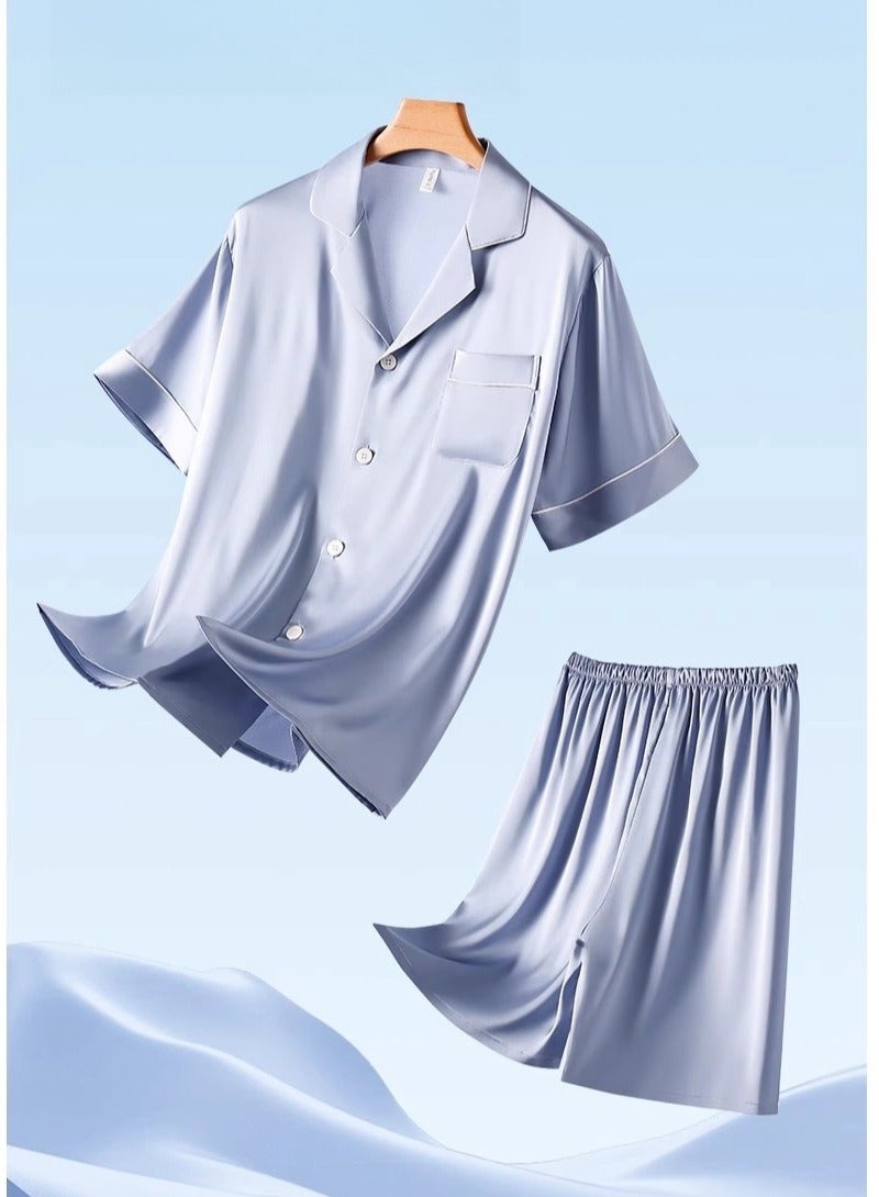 Ice Silk Sleepwear Men's Simulated Silk Short  Sleeved High-End Home Suit Set