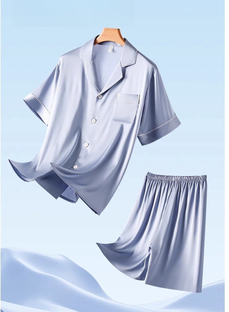 Ice Silk Sleepwear Men's Simulated Silk Short  Sleeved High-End Home Suit Set