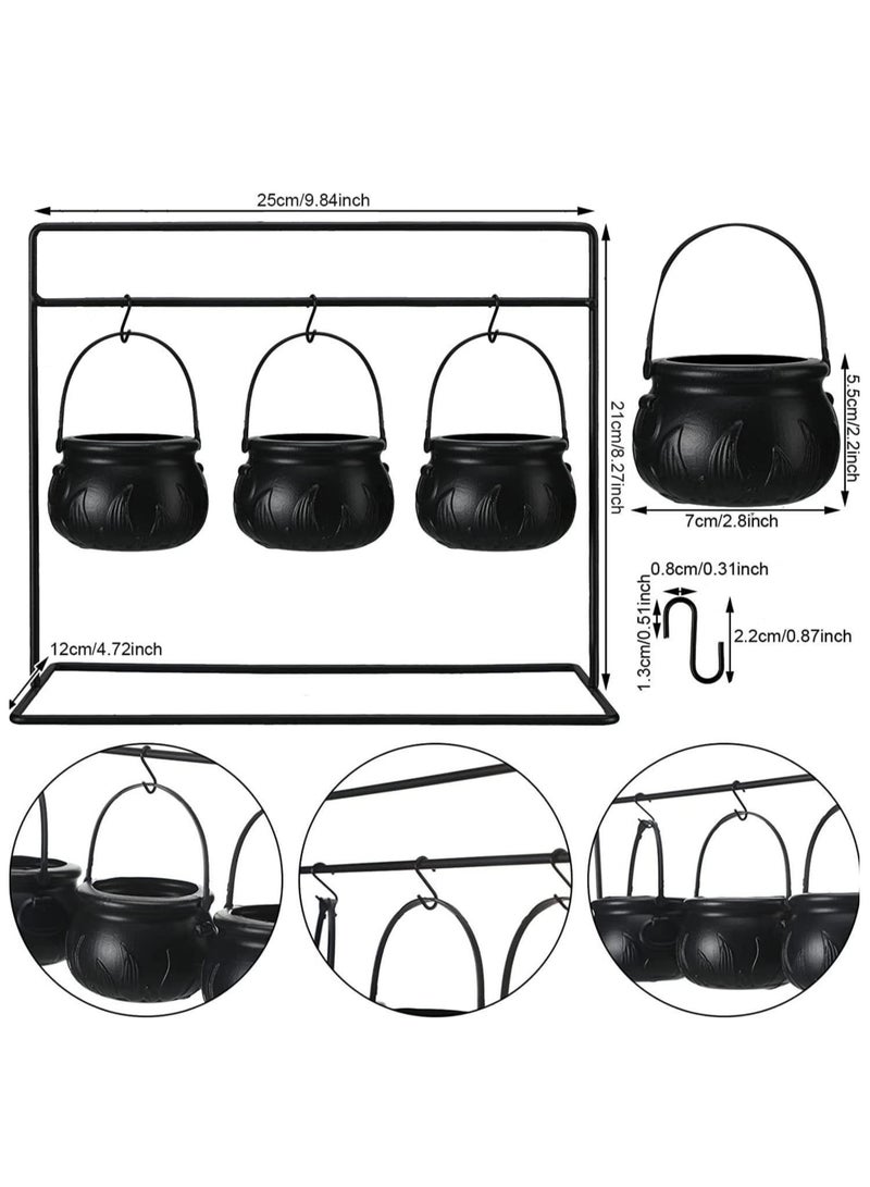 Party Festival Decorations Set of 9 Witches Cauldron Serving Bowls on Rack Black Plastic Holder Candy Bucket Cauldron for Indoor Outdoor Home Kitchen Candy Holder Decor