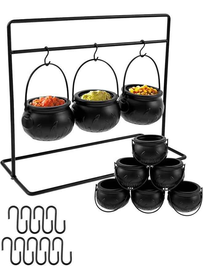 Party Festival Decorations Set of 9 Witches Cauldron Serving Bowls on Rack Black Plastic Holder Candy Bucket Cauldron for Indoor Outdoor Home Kitchen Candy Holder Decor