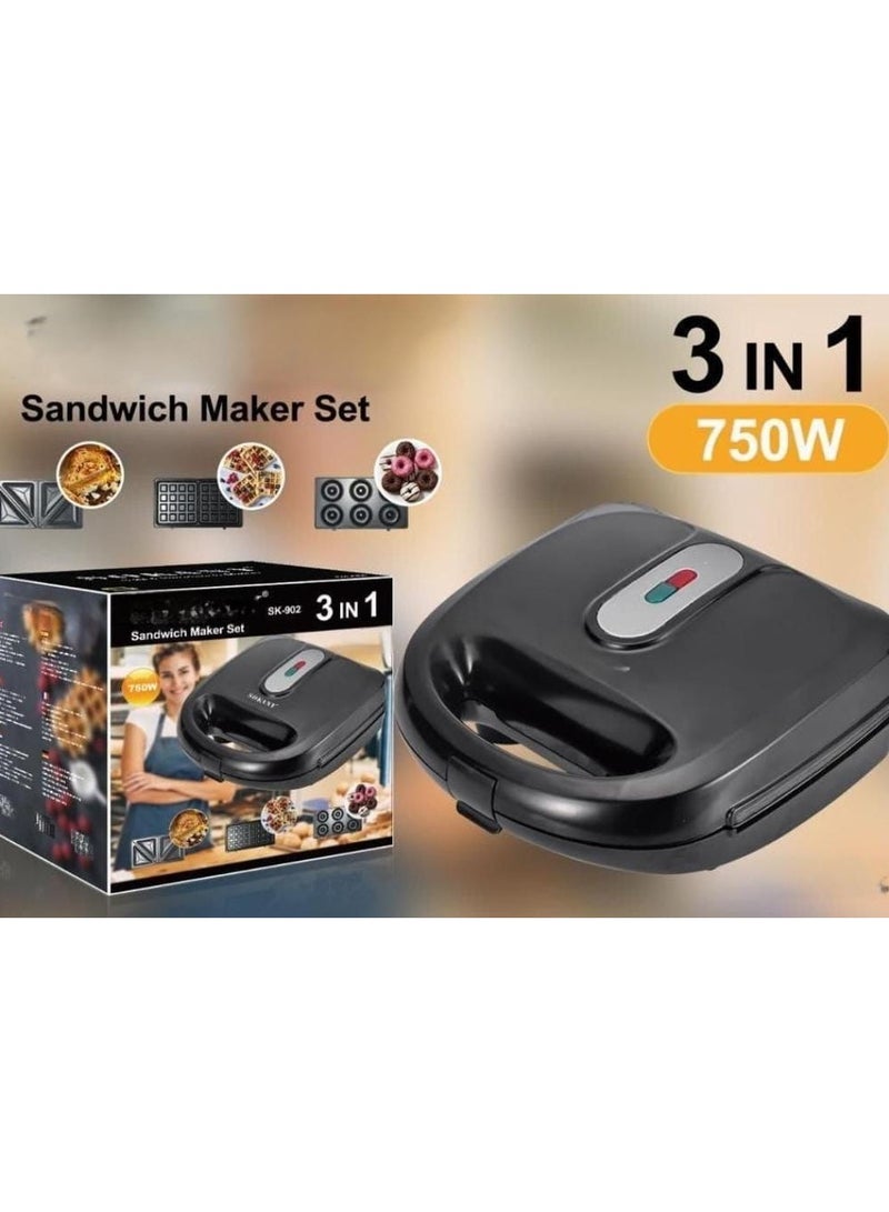 3 in 1 Sandwich Maker 750W Multi Function Machine with Changeable Plates for Sandwiches, Waffles & Donuts Fast, Easy, Non Stick Breakfast Maker