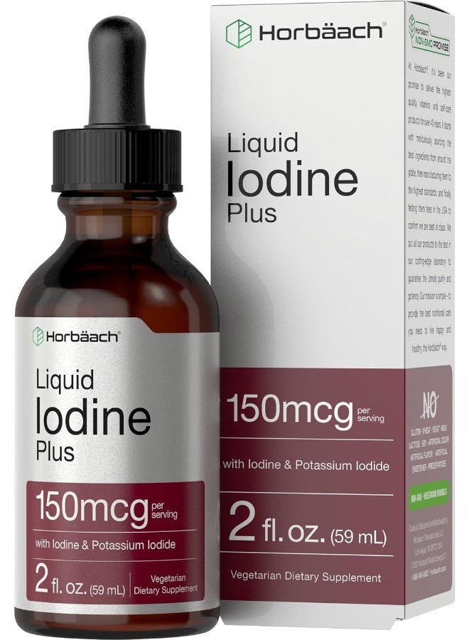 Liquid Iodine Solution Drops | 2 Fl Oz | 150 Mcg | Iodine & Potassium Iodine Supplement | Vegetarian, Non-Gmo, Gluten Free Liquid Tincture | By Horbaach