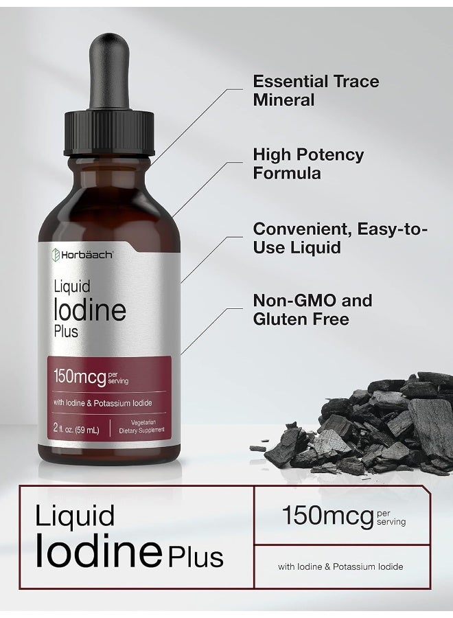 Liquid Iodine Solution Drops | 2 Fl Oz | 150 Mcg | Iodine & Potassium Iodine Supplement | Vegetarian, Non-Gmo, Gluten Free Liquid Tincture | By Horbaach