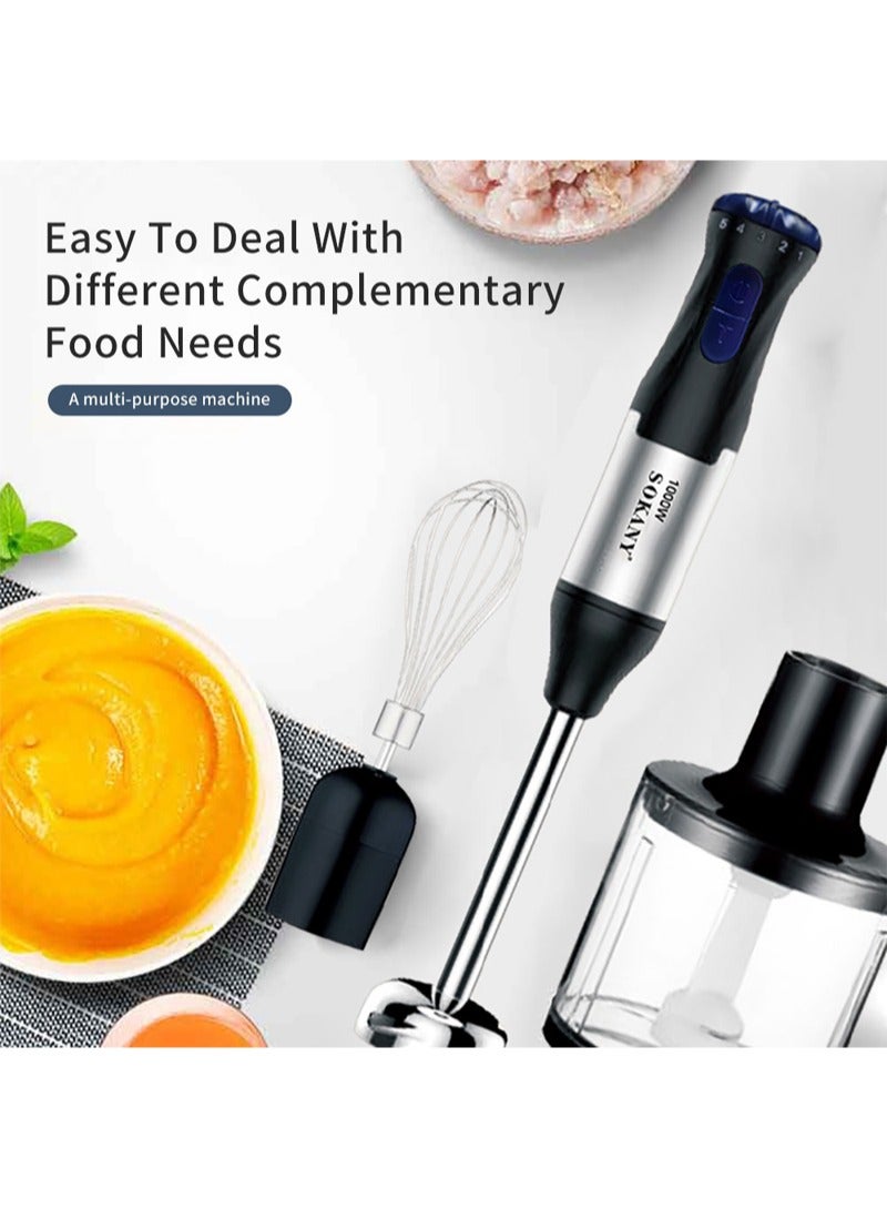 Hand Blender With Two Speed Adjustable 1000 Watt 4-In-1 Stainless Steel Blades Ergonomic Handle With Chopper Whisk 700ml Mixing Beaker Detachable Electric Stick Blender Set