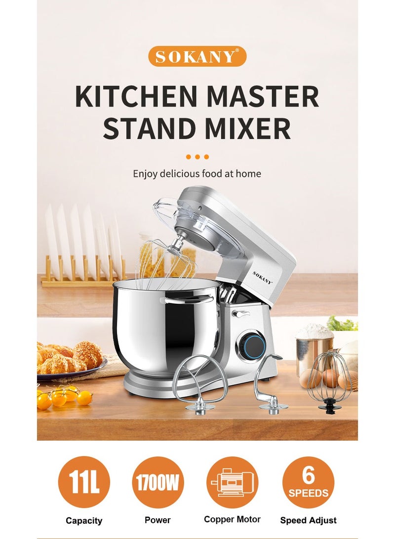 6-Speeds Electric Stand Mixer Kitchen Machine 1700W with 11L Stainless Steel Bowl, Y-Stirrer, Egg-Beater, Dough Hook Silver