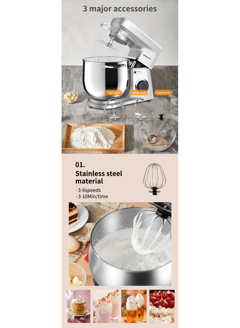 6-Speeds Electric Stand Mixer Kitchen Machine 1700W with 11L Stainless Steel Bowl, Y-Stirrer, Egg-Beater, Dough Hook Silver