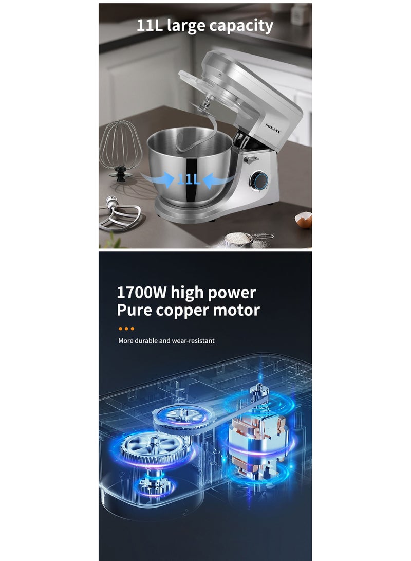 6-Speeds Electric Stand Mixer Kitchen Machine 1700W with 11L Stainless Steel Bowl, Y-Stirrer, Egg-Beater, Dough Hook Silver