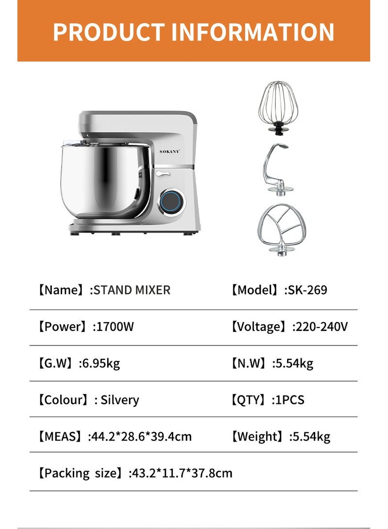 6-Speeds Electric Stand Mixer Kitchen Machine 1700W with 11L Stainless Steel Bowl, Y-Stirrer, Egg-Beater, Dough Hook Silver