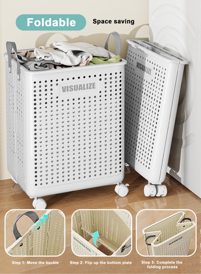 Collapsible Laundry Baskets,Large  Laundry Basket with Wheels,Foldable Laundry Basket,With Wheels and Handles, Easy to Move and Can Be Folded to Save Space. (White)