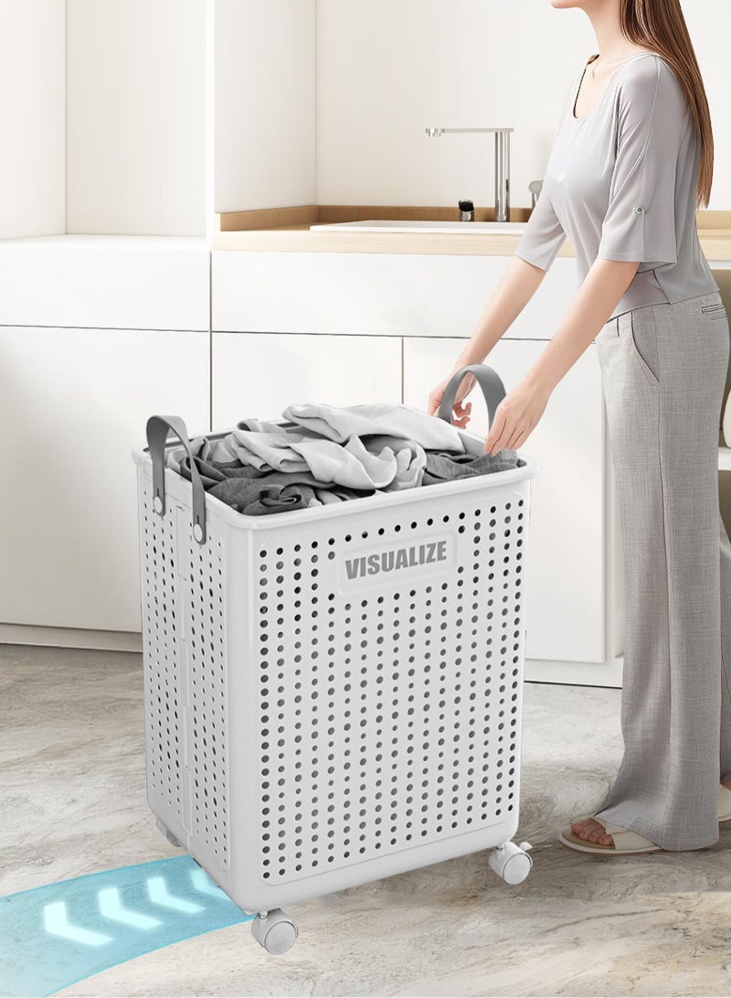 Collapsible Laundry Baskets,Large  Laundry Basket with Wheels,Foldable Laundry Basket,With Wheels and Handles, Easy to Move and Can Be Folded to Save Space. (White)