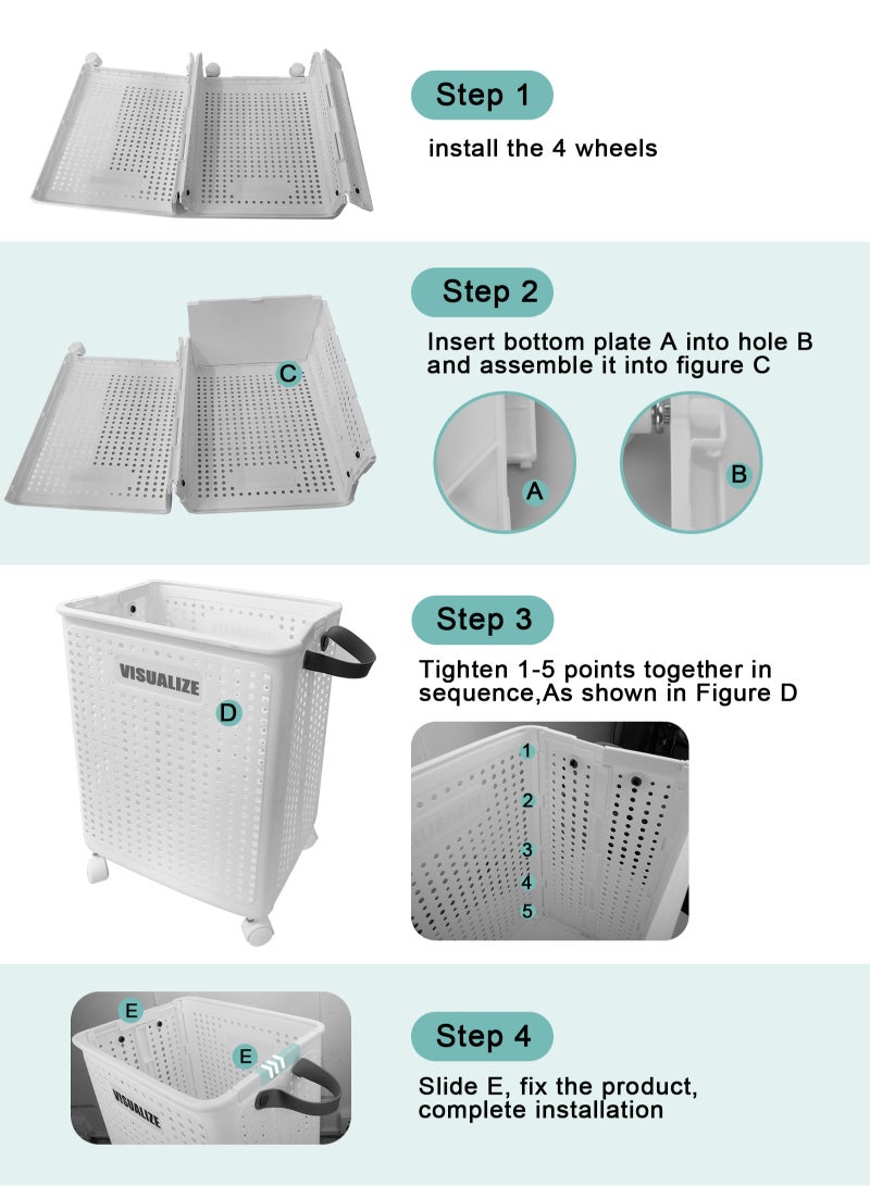 Collapsible Laundry Baskets,Large  Laundry Basket with Wheels,Foldable Laundry Basket,With Wheels and Handles, Easy to Move and Can Be Folded to Save Space. (White)