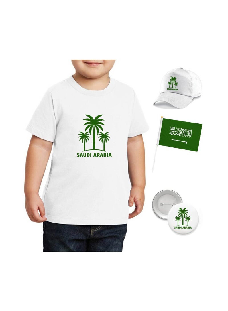 Saudi National Day T Shirt for Boys, Cap, Badge, Flag Set Celebrate Pakistan Saudi National Day with this Kids Combo Pack in Style