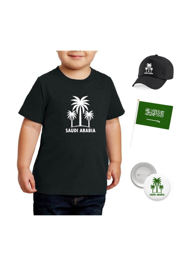 Saudi National Day T Shirt for Boys, Cap, Badge, Flag Set Celebrate Pakistan Saudi National Day with this Kids Combo Pack in Style