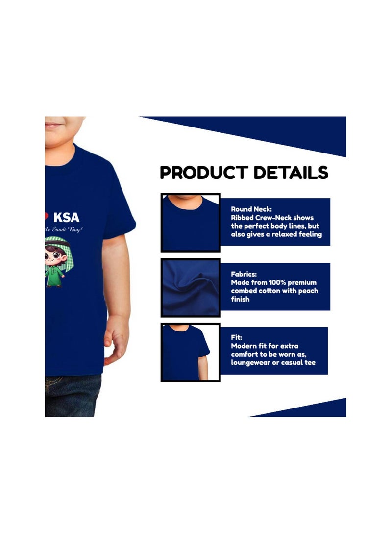 Saudi National Day Tshirt for Boys - Short Sleeve Round Neck Cotton Tshirt - Ideal for National Day Celebrations, School Events