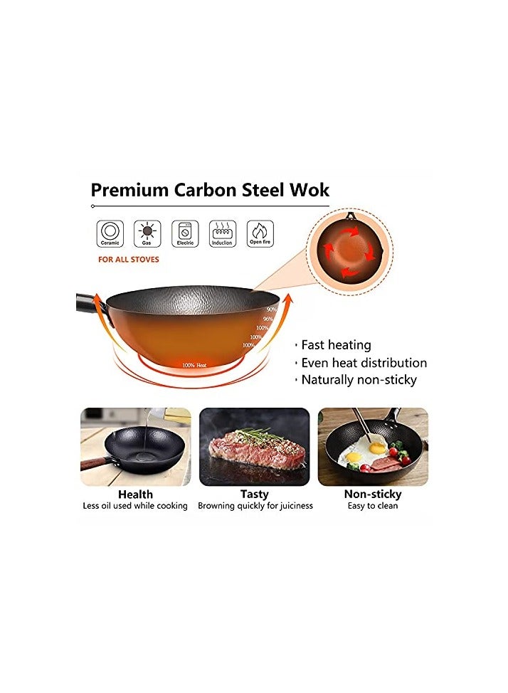 Carbon Steel Wok Pan - 32cm Woks and Stir Fry Pans with Lid, No Chemical Coated Wok Pan for Electric