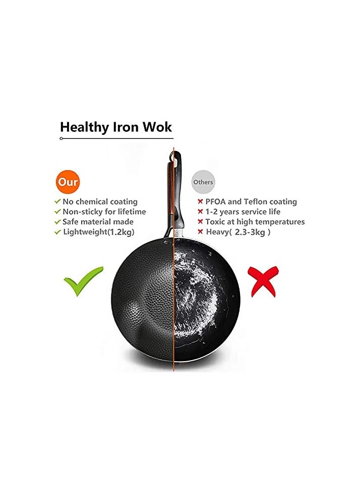 Carbon Steel Wok Pan - 32cm Woks and Stir Fry Pans with Lid, No Chemical Coated Wok Pan for Electric