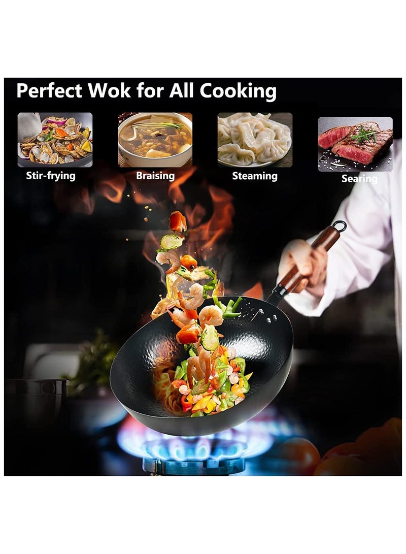 Carbon Steel Wok Pan - 32cm Woks and Stir Fry Pans with Lid, No Chemical Coated Wok Pan for Electric