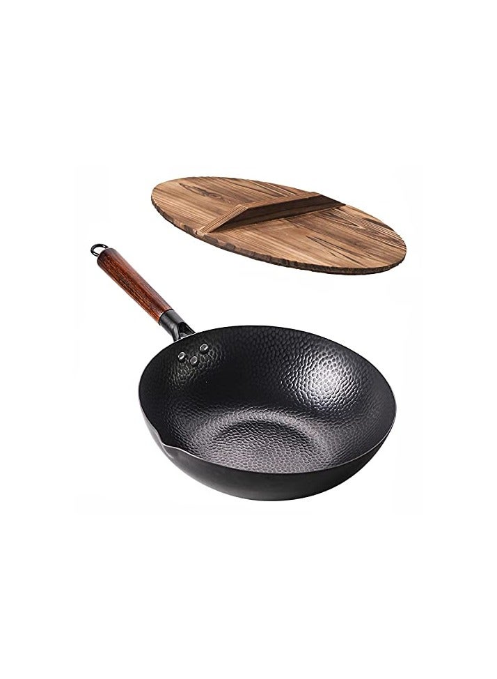 Carbon Steel Wok Pan - 32cm Woks and Stir Fry Pans with Lid, No Chemical Coated Wok Pan for Electric