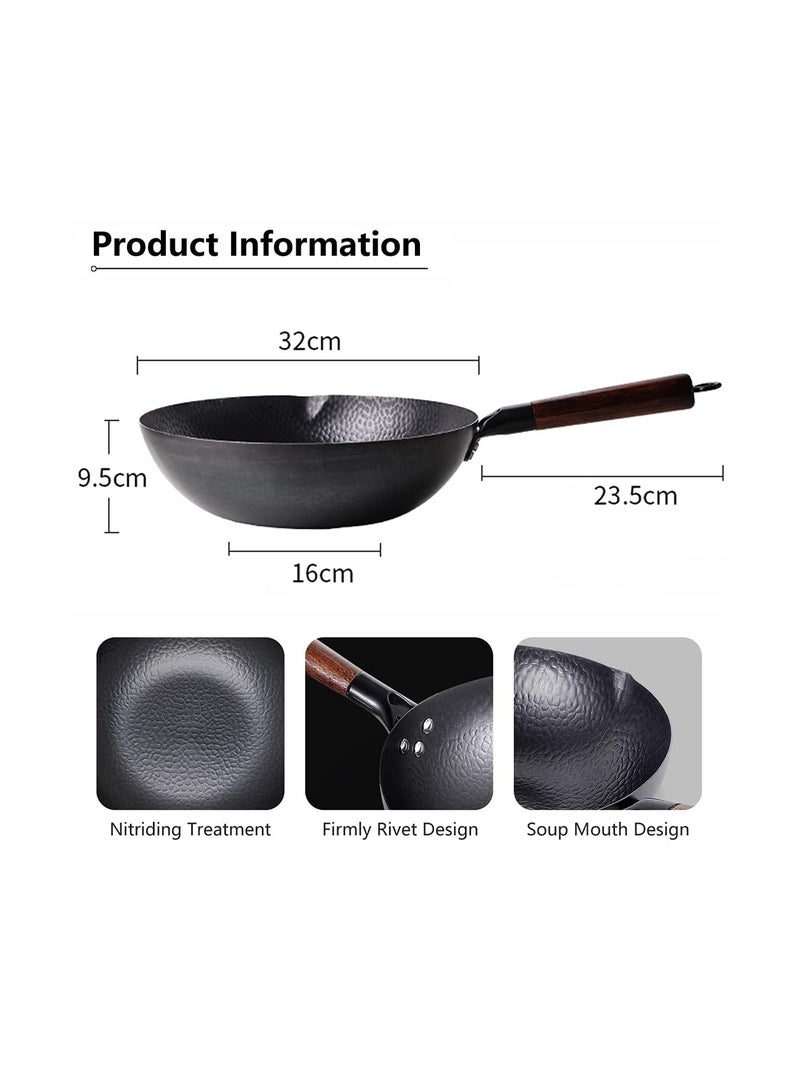 Carbon Steel Wok Pan - 32cm Woks and Stir Fry Pans with Lid, No Chemical Coated Wok Pan for Electric