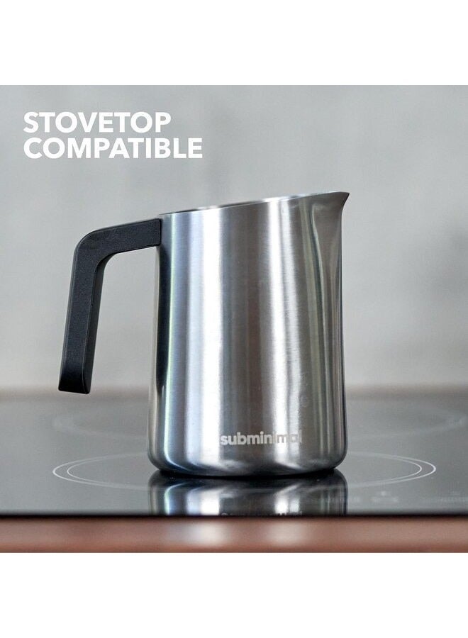 Subminimal FlowTip Milk Jug | Stovetop Milk Frothing, Foaming Pitcher for Premium Barista-Style Coffee at Home | Cappuccino & Latte Art Pouring Jug with Ergonomic Heat Resistant Handle | 450ml, Silver