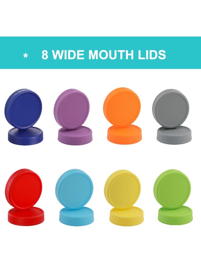 Wide Mouth Jar Lids 8 Pack For Ball Kerr And More - Colored Plastic Storage Caps For Canning Jars - Leak-proof