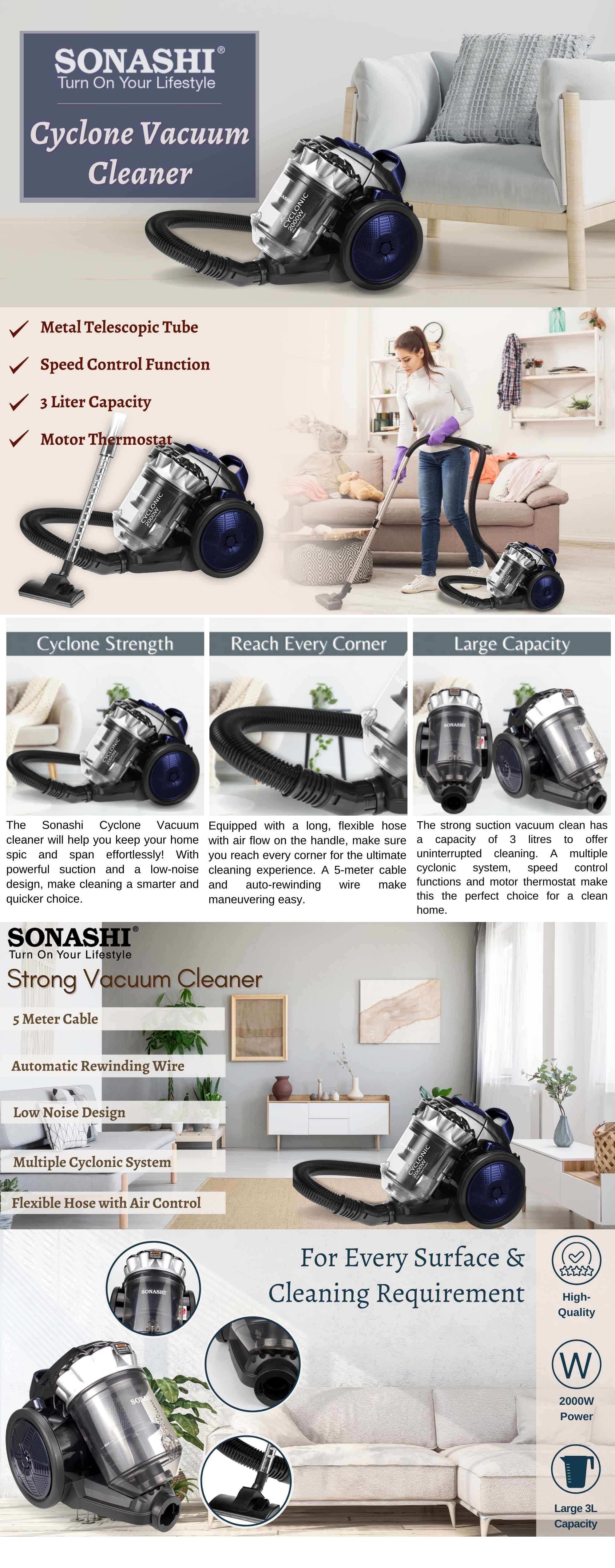 Multi-Cyclonic Bagless Vacuum Cleaner with 5M Cable Length | Powerful Suction with Strong Power | Speed Control & Low Noise 3 L 2000 W SVC-9028C Black/Blue/Grey