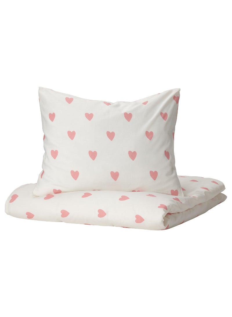 Duvet Cover and Pillowcase, Heart Pattern, White/Pink, Soft Cotton Bedding Set for Kids, Machine Washable