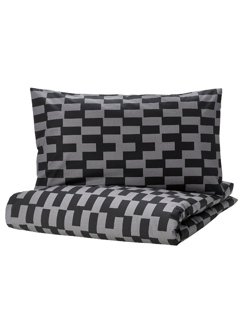 Duvet Cover and Pillowcase, Grey/Black Patterned, Soft Cotton Bedding Set for a Stylish Bedroom, Machine Washable