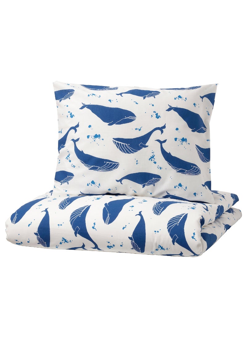 Duvet Cover and Pillowcase, Whale Pattern, Blue/White, Soft Cotton Bedding Set for Kids, Machine Washable