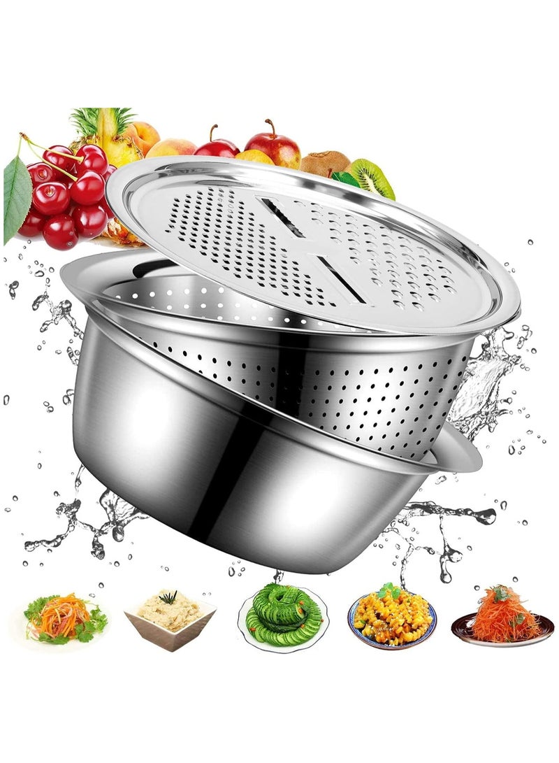 Multifunctional Stainless Steel Drain Basket Multi-purpose Vegetable Slicer Graters For Kitchen,3 In 1 Graters Cheese Grater Salad Maker Bowl Drain Basin Ginger Grater Basket Vegetable Cutter