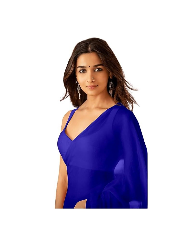 Women's Plain Pure Georgette Saree With Unstitched Blouse Piece (Rocky Aur Rani Ki Prem Kahani Alia Bhatt Saree)