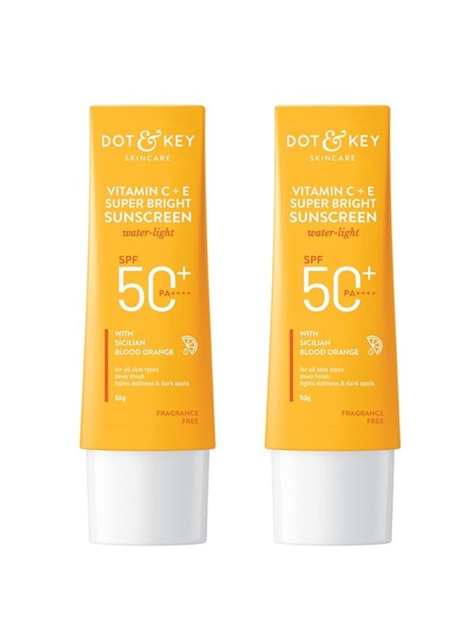 Dot & Key Vitamin C + E Super Bright Sunscreen SPF 50 Combo (Pack of 2, 50gm each) | Water-Light, UVA/UVB & Blue Light Protection | For Even Toned & Glowing Skin | No White Cast, | For All Skin Types