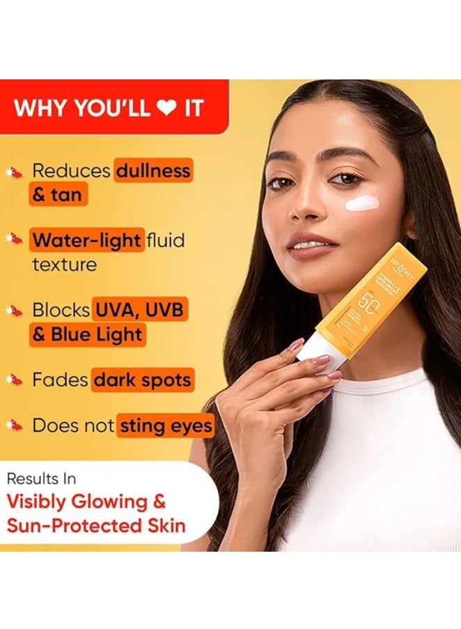 Dot & Key Vitamin C + E Super Bright Sunscreen SPF 50 Combo (Pack of 2, 50gm each) | Water-Light, UVA/UVB & Blue Light Protection | For Even Toned & Glowing Skin | No White Cast, | For All Skin Types