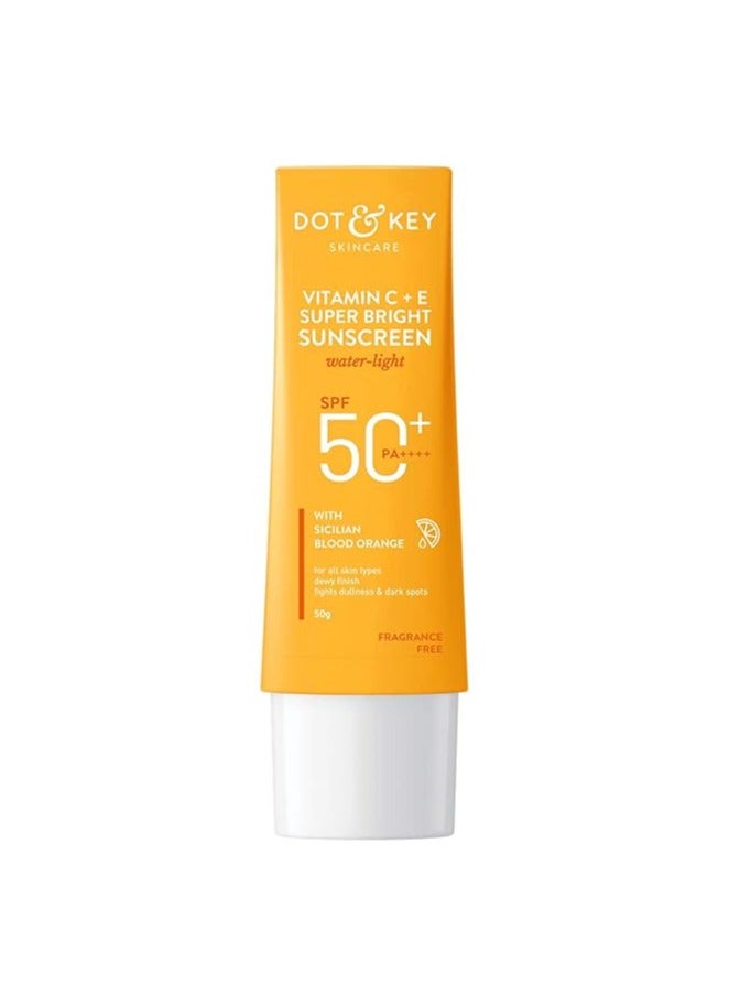 Vitamin C + E Super Bright Sunscreen Spf 50|Water-Light,UVA/UVB & Blue Light Protection|For Even Toned & Glowing Skin|With Liquid Spf 50+++|No White Cast,|For All Skin Types|50G,Pack Of 1