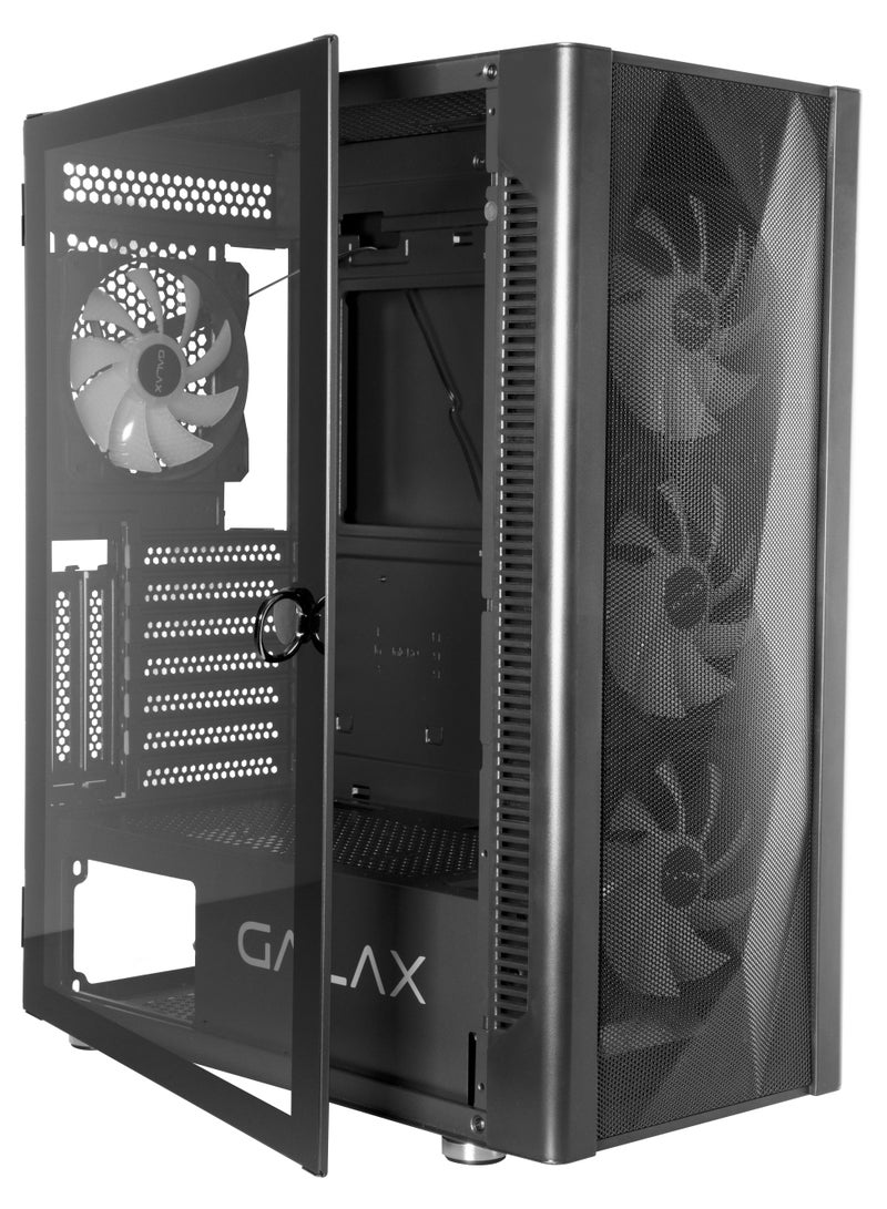 GALAX PC Case (REV-06) , 4 pre install aRGB colling fan, Minimalistic mash design,ATX, M-ATX, ITX, 4 ARGB Fans, ATX, M-ATX, ITX, Front Pane-ABS, Mesh cover, Top Panel-Metal cover, Left-Tempered Glass, Right-Metal cover, 3.5