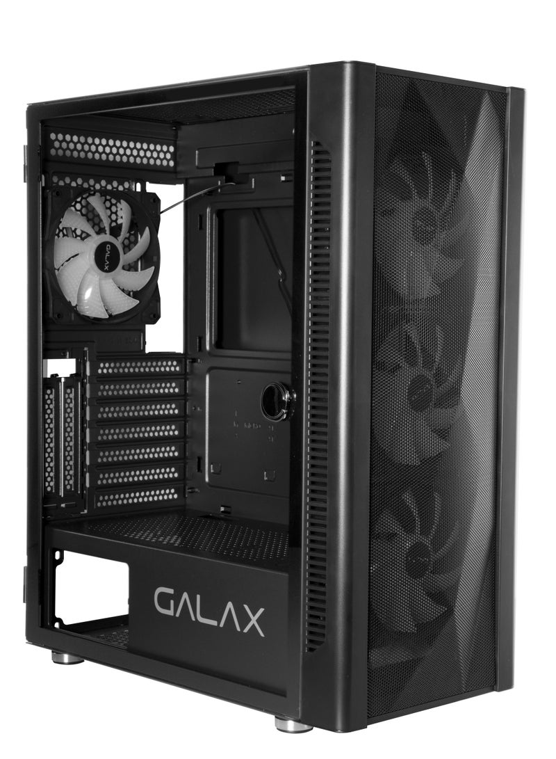 GALAX PC Case (REV-06) , 4 pre install aRGB colling fan, Minimalistic mash design,ATX, M-ATX, ITX, 4 ARGB Fans, ATX, M-ATX, ITX, Front Pane-ABS, Mesh cover, Top Panel-Metal cover, Left-Tempered Glass, Right-Metal cover, 3.5