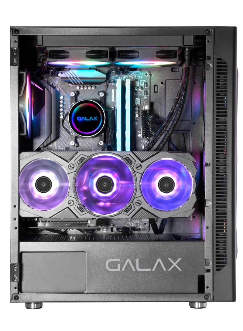 GALAX PC Case (REV-06) , 4 pre install aRGB colling fan, Minimalistic mash design,ATX, M-ATX, ITX, 4 ARGB Fans, ATX, M-ATX, ITX, Front Pane-ABS, Mesh cover, Top Panel-Metal cover, Left-Tempered Glass, Right-Metal cover, 3.5