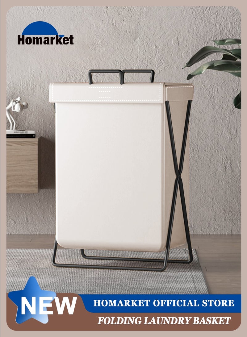 Large Laundry Basket, Waterproof, Freestanding Leather Laundry Hamper, Collapsible Tall Clothes Hamper with Extended Handles and Cover for Clothes Toys in the Dorm and Family-White