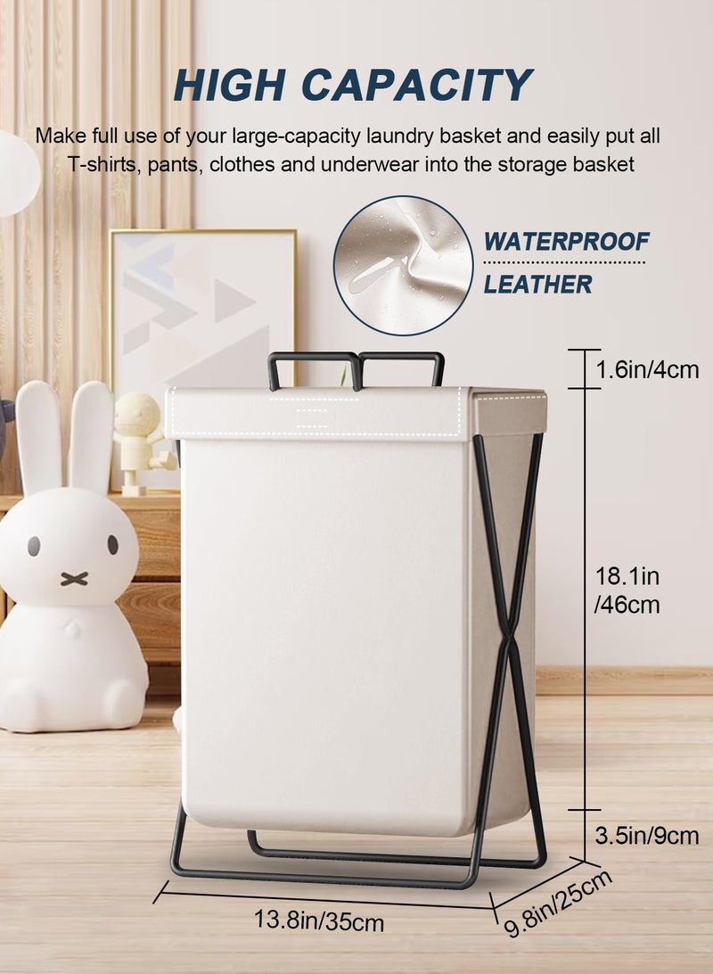 Large Laundry Basket, Waterproof, Freestanding Leather Laundry Hamper, Collapsible Tall Clothes Hamper with Extended Handles and Cover for Clothes Toys in the Dorm and Family-White