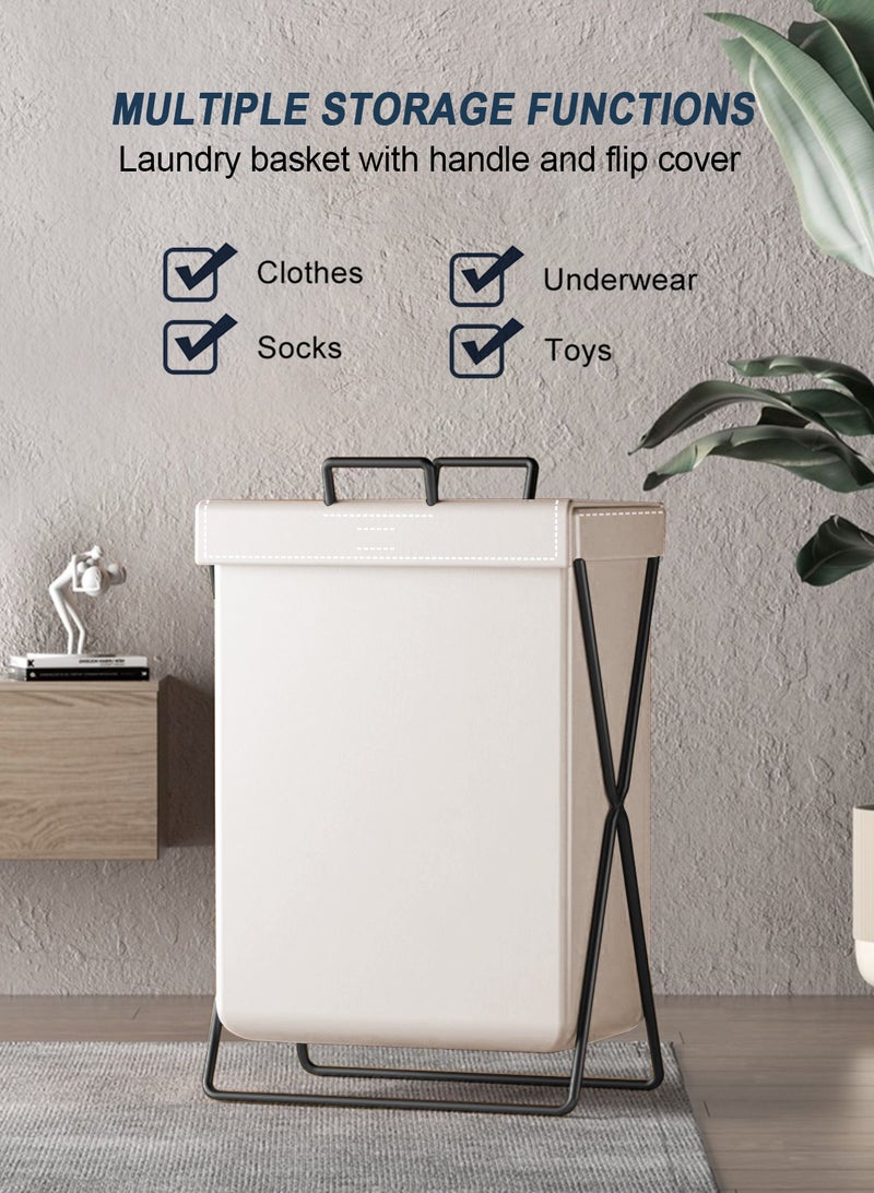 Large Laundry Basket, Waterproof, Freestanding Leather Laundry Hamper, Collapsible Tall Clothes Hamper with Extended Handles and Cover for Clothes Toys in the Dorm and Family-White