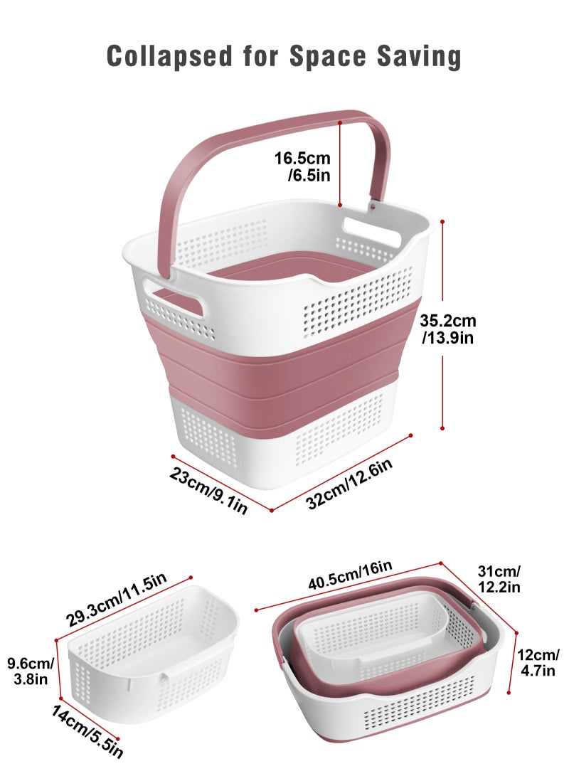 Laundry Basket Large Foldable 40L with Handle, Collapsible Handled Plastic Washing Clothes Laundry Container, Multi purpose Organizer for Home (Dark Purple Pink)