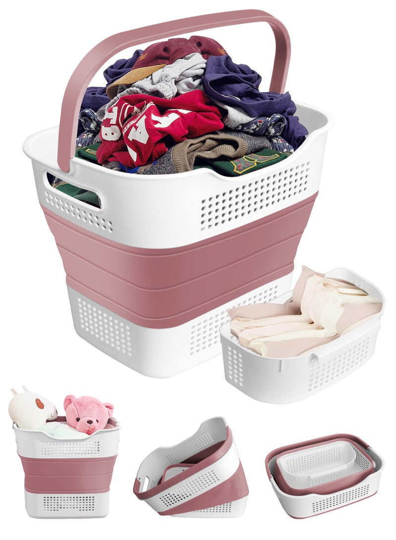 Laundry Basket Large Foldable 40L with Handle, Collapsible Handled Plastic Washing Clothes Laundry Container, Multi purpose Organizer for Home (Dark Purple Pink)