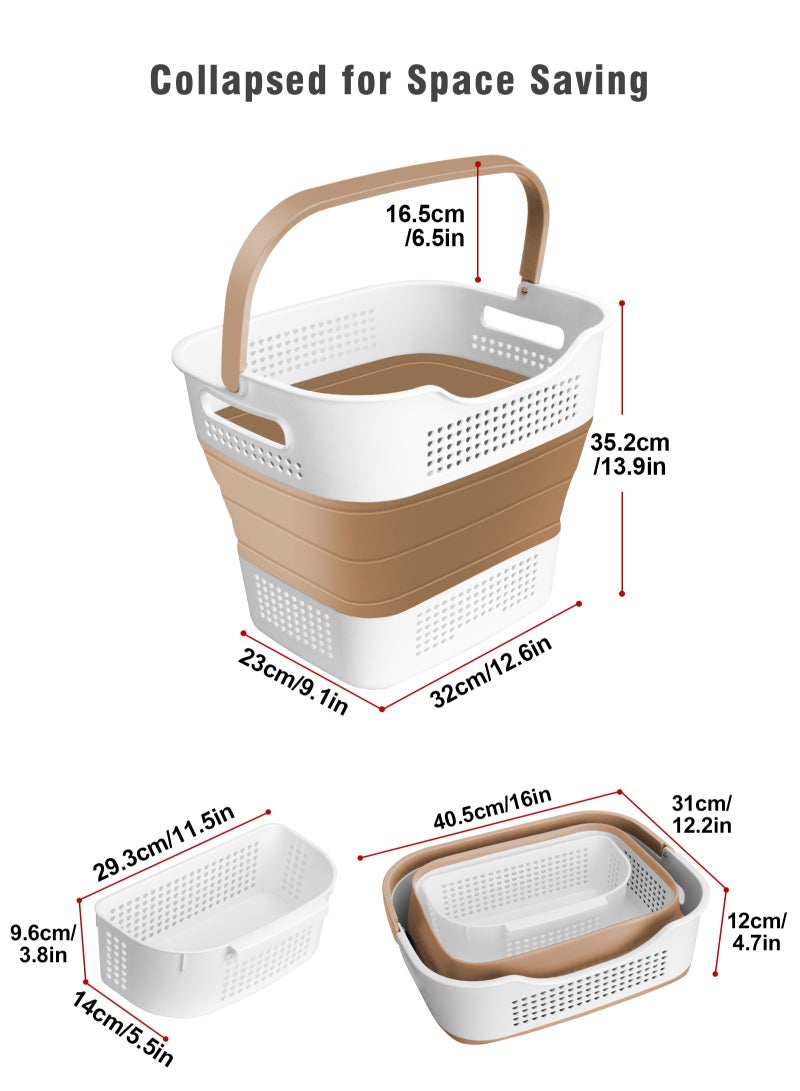 Laundry Basket Large Foldable 40L with Handle, Collapsible Handled Plastic Washing Clothes Laundry Container, Multi purpose Organizer for Home (Brown)