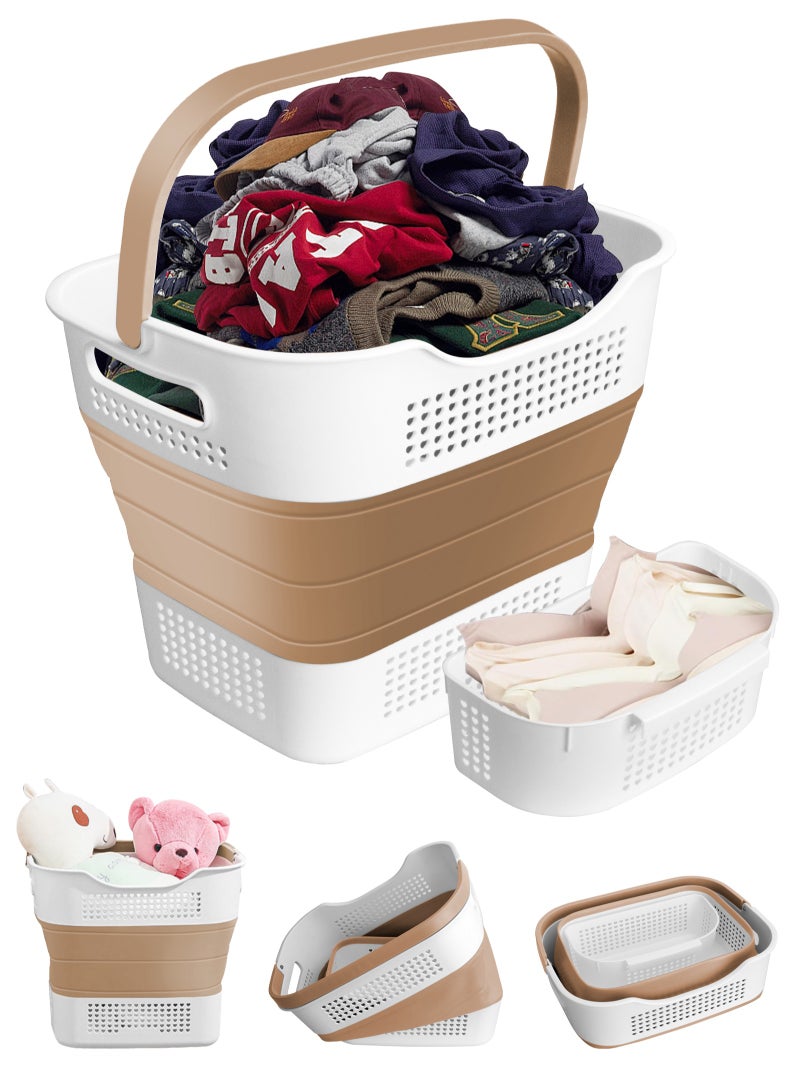 Laundry Basket Large Foldable 40L with Handle, Collapsible Handled Plastic Washing Clothes Laundry Container, Multi purpose Organizer for Home (Brown)