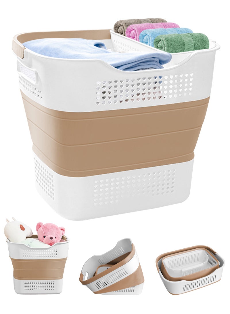 Laundry Basket Large Foldable 40L with Handle, Collapsible Handled Plastic Washing Clothes Laundry Container, Multi purpose Organizer for Home (Brown)