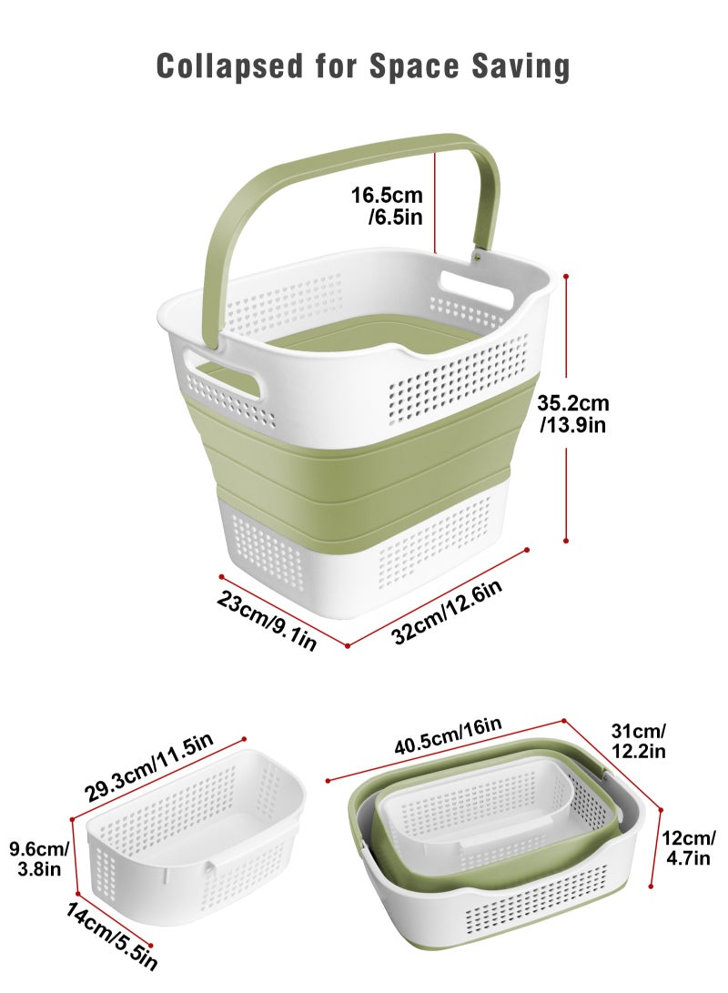 Laundry Basket Large Foldable 40L with Handle, Collapsible Handled Plastic Washing Clothes Laundry Container, Multi purpose Organizer for Home (Green)