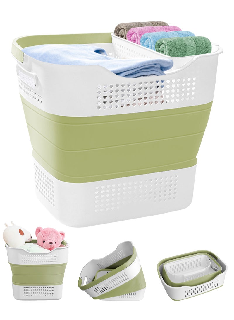 Laundry Basket Large Foldable 40L with Handle, Collapsible Handled Plastic Washing Clothes Laundry Container, Multi purpose Organizer for Home (Green)