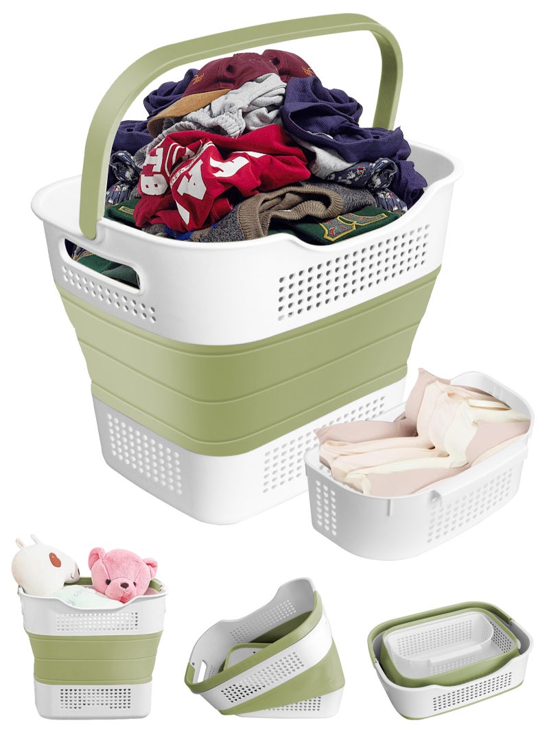 Laundry Basket Large Foldable 40L with Handle, Collapsible Handled Plastic Washing Clothes Laundry Container, Multi purpose Organizer for Home (Green)