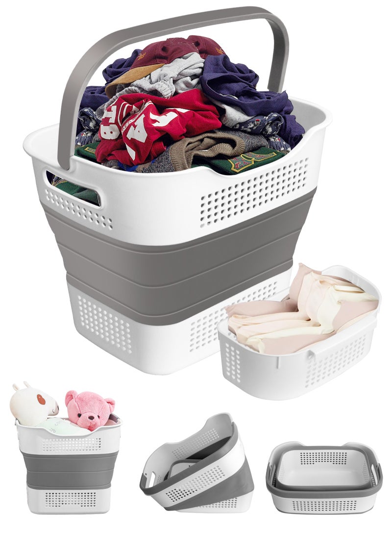 Laundry Basket Large Foldable 40L with Handle, Collapsible Handled Plastic Washing Clothes Laundry Container, Multi purpose Organizer for Home (Dark Grey)